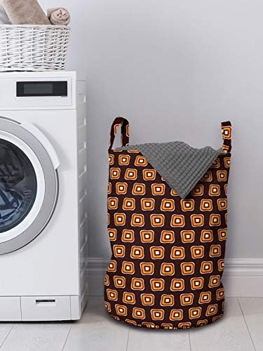 Bolsa de lavanderia geométrica lunarável, quadrados lisos doodle inspirados no estilo aborígine em cores quentes, cesto de cesto com alças fechamento de cordão para lavanderias, 13 x 19, marrom marrom e laranja