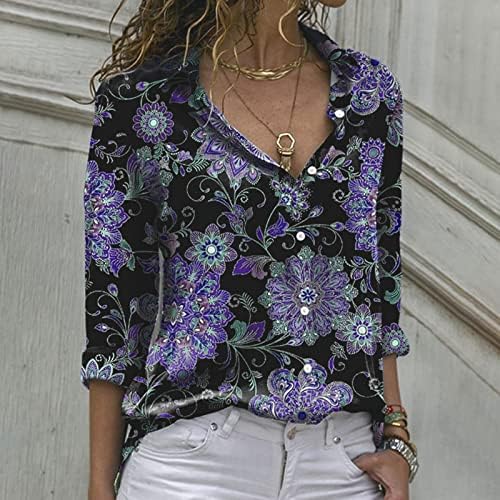 Camisa superior para mulheres Fall Summer Summer Manga longa Turtleneck Button Up Paisley Floral Graphic Casual Top ve ve