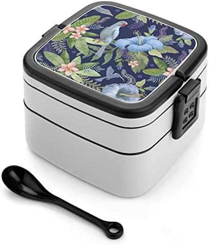 Flores de hibiscos e plumeria em aquarela imprimem tudo em uma caixa de bento para adulto recipiente de almoço com colher