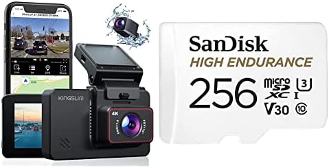 Kingslim D4 4k Dual Dash Cam com Wi-Fi GPS e Sandisk 256 GB de alta resistência Video MicroSDXC com adaptador para câmera de traço e