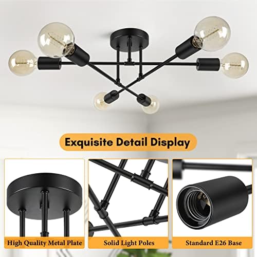 Lustre moderno lustre de 6 luzes industriais de teto industrial acessórios de luminária de teto de montagem semi rubor preto com luminária