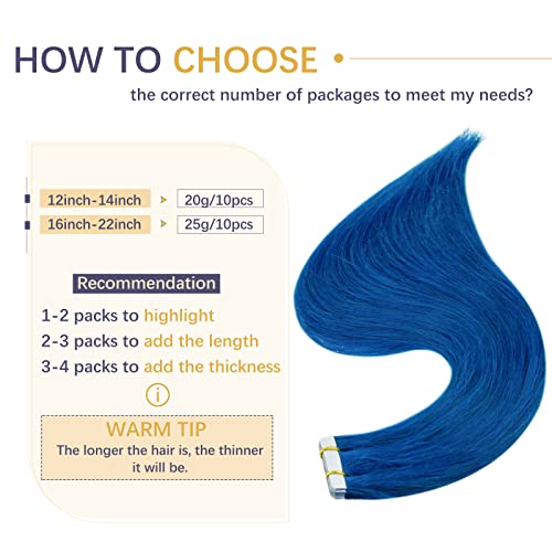 Grandes ofertas: fita azul em extensões de cabelo cabelos humanos reais 20 polegadas 25g/10pcs e eu ponta as extensões de