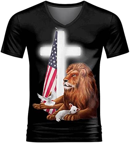 ZDDO Mens Soldado T-shirts de manga curta 3d Jesus Cruz Cross Lion Camiseta patriótica Tops, 2022 New Summer V Neck Tir camiseta férias