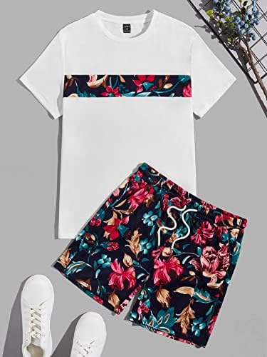 OSHHO Duas peças para homens Tropical Print Tee & Drawstring Caist Shorts