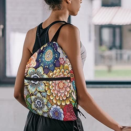 Rnyleeg boho mandala drawstring mochila com bolso de bolso zip esporte ginástica sackpack draw string sport machine