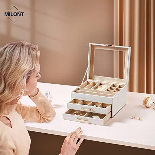 Caixa de jóias MILONT com tampa clara, 3 camadas de jóias Organizador de jóias para mulheres, 2 gavetas Caixa de armazenamento