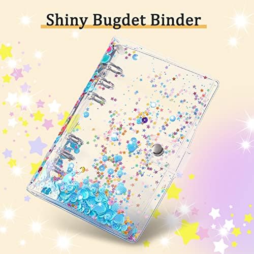 Fioday Brinding Binder com envelopes com zíper, organizador de dinheiro glitter para dinheiro Clear PVC A6 Savings