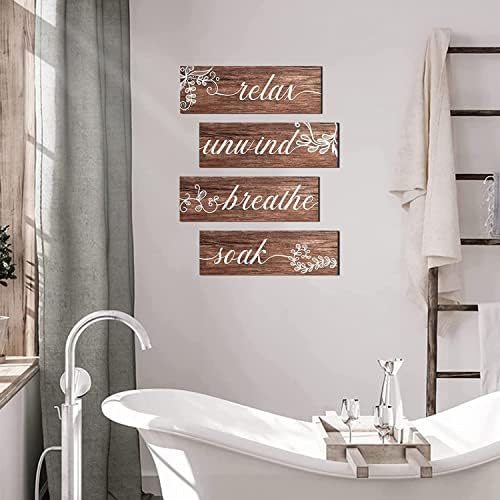 Decoração de parede de banheiro marrom Conjunto de 4 - Relaxe Soak Upind Breathe Wood Wall Sinais de pendura