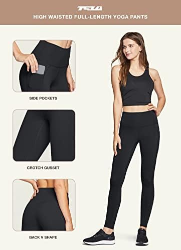 Calças de ioga de controle de barriga feminina da TSLA com cintura alta e leggings de ioga com bolsos convenientes para exercícios