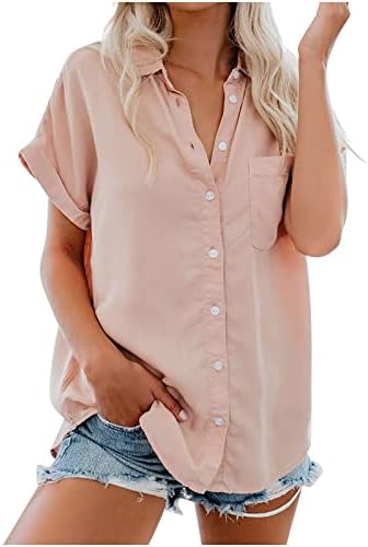 Mulheres de manga curta para mulheres camisas de lapela de colarinho de lapão de verão Bloups solto trabalho casual tops simples