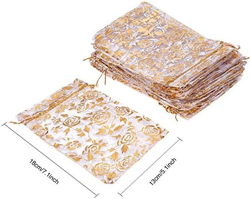 PH Pandahall 50pcs 5 x 7 polegadas de rosa dourada flor estampada orgânica bolsas de jóias bolsas de joias favores de casamento bolsas de tração de orgânguas