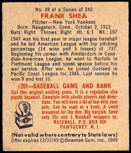 1949 Bowman 49 Frank Shea New York Yankees Ex+ Yankees