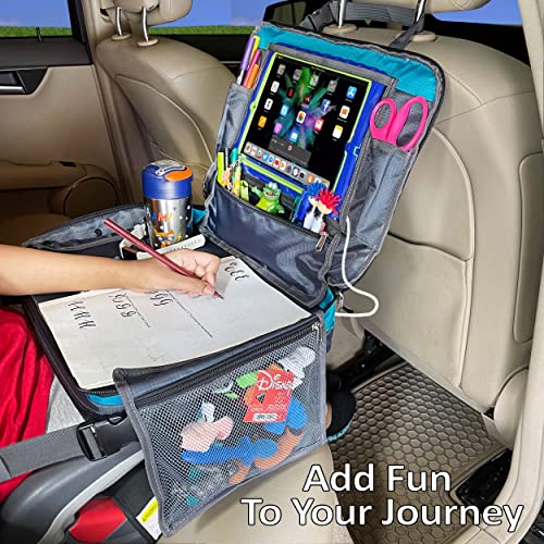 Organizador de bandeja de viagem para carros infantis e assentos Keolakids com parte superior destacável, bandeja de colo, correias de apoio de cabeça atualizadas, armazenamento com zíper, suporte para tablets com aberturas de carregador