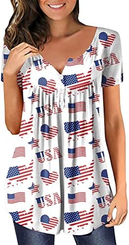 4 de julho Túnicas de bandeira dos EUA para mulheres escondendo camisetas de verão Button de manga curta casual de férias