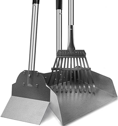 Dog Pooper Scooper para cães grandes, 3 Pacote de embalagem Bandeja de metal longa ajustável, ancinho e colher cocô de cocô com lixeira para remoção de resíduos de animais de estimação, sem dobrar a limpeza para cães médios e grandes