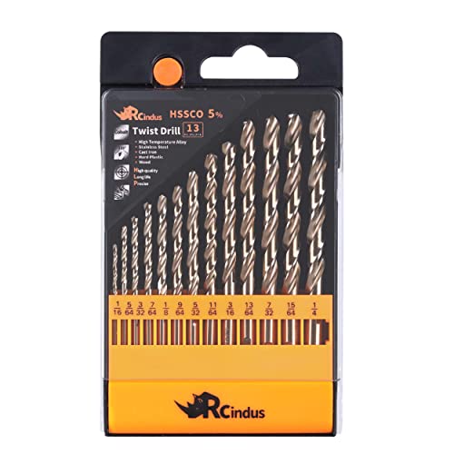 Rcindus 13pcs Conjunto de broca de cobalto 1/16 -1/4, broca de metal HSS M35 para aço, aço inoxidável, ferro fundido, plástico rígido