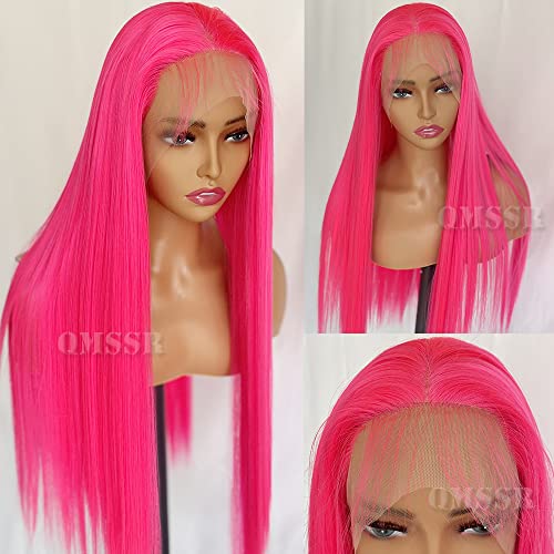 Qmssr cor rosa quente cor longa e renda de renda frontal perucas dianteiras de renda sintética perucas frontais para moda feminina