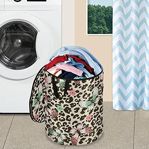 Alaza 50 l Crescedores pop-up dobráveis, borboletas e flores em cesto de lavanderia de pontos de leopardo para quarto, dormitório