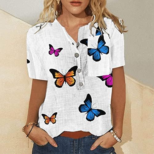 Camisas Henley de linho de verão para mulheres de manga curta Button Up V Neck Butterfly T-shirts Tops de túnica casual casual