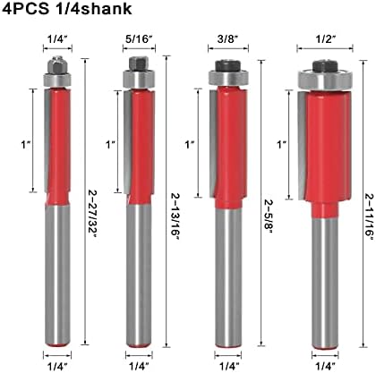 4pcs de acabamento nivelado bit 1/4 em rolamento de extremidade superior da haste 1/4in 5/16in 3/8in 1/2in Cutting Woodworking Cutter