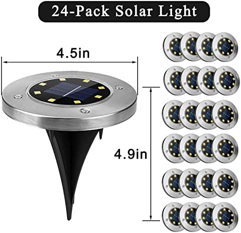 24 Pacote de luzes solares solares à prova d'água ao ar livre, 8led Pathway Lights Powered, alimentado por discos solares Luzes