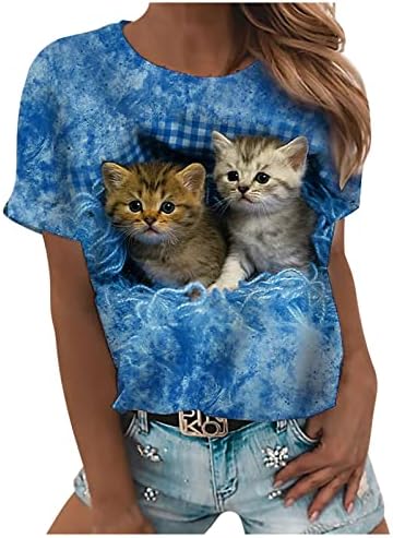 3D Camisas de estampa de gato feminino casual de manga curta Tops básicos de animais fofos de animais gráficos de pescoço