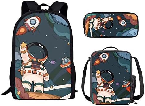 Mochila BycheCar Astronaut com lanche boys Space Rocket School School for Kids Lunchbag Lápis Conjunto 3 em 1, Primária