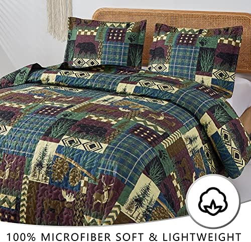 Moose Bear Quilt Rustic Set Size King Size, Conjunto de roupas de cama para colchas de cabine, Lodge Lightweight Breathable CoverLet