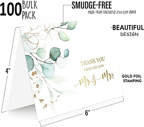 Cards de agradecimento de 100 casamentos em massa com envelopes e adesivos combinando / vegetação e folha de ouro notas de agradecimento do novo MR e MRS / Blank por dentro.