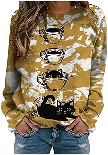 Sorto para mulheres fofo gato impressão gráfica Pullover gráfico de caça de manga longa Presente casual para camisas de