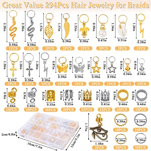 Qinzave 294pcs jóias de cabelo para bercas de jóias localizadas para dreadlocks para cabelos, acessórios de jóias de cabelos de alumínio para cabelos prateados para tranças, decoração de cabelo com algemados para tranças com múltiplos pendentes