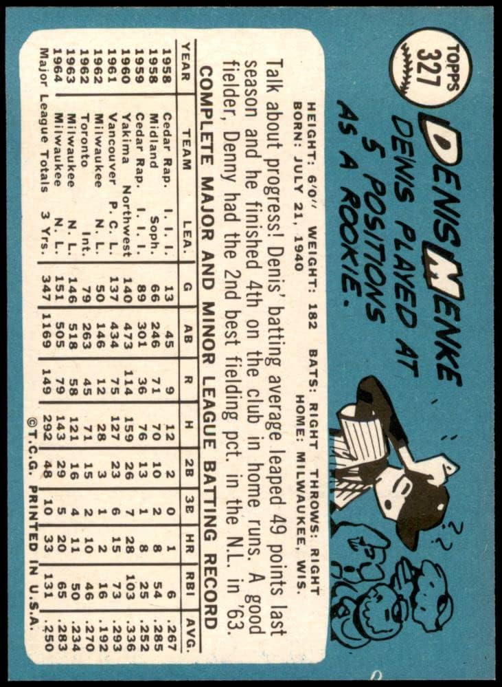 1965 Topps 327 Denis Menke Milwaukee Braves NM/MT Braves