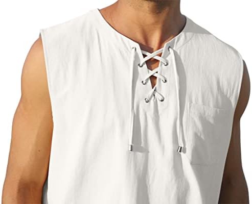 Tanque de linho de algodão masculino de kuyigo camisetas casuais casuais camisetas masculinas com renda sem mangas na praia hippie tops