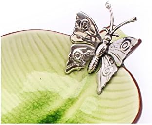 Placa de forma de folha de cerâmica verde com detalhe de borboleta de prata esterlina | 11,5 ”x 6,5” x 3 ”