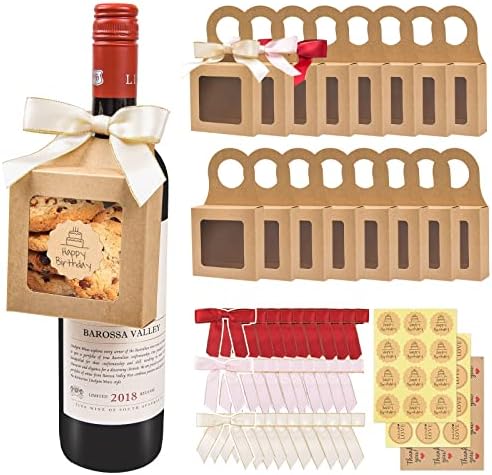 30 contagem Kraft Paper Wine Bottle Box com janela, pendurar caixas de presente dobráveis ​​com caxos de gravata de cetim