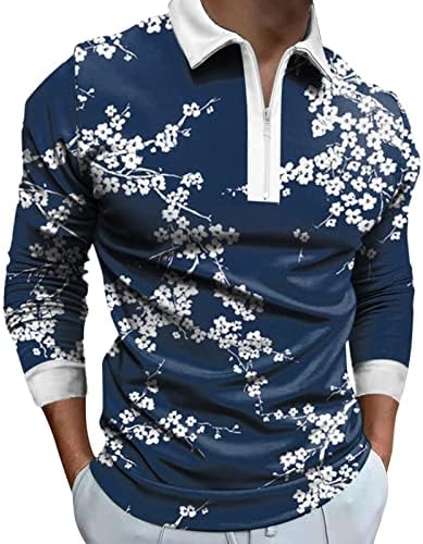 XXBR Men 1/4 Zip Up Polo Camisetas, outono Winter Sleeve Street Rua Vintage Floral Print Tops Casual Casual Muscle Shirt