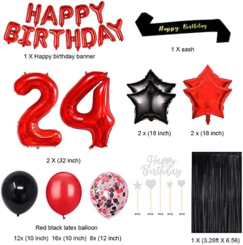 Fancypartyshop 24º aniversário decorações de festa suprimentos vermelhos pretos mais tarde balões de feliz aniversário bolo