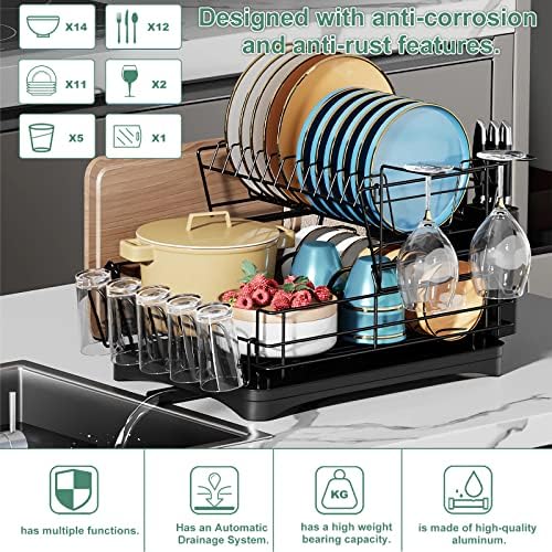 Vietora Eud Rack de secagem de pratos - Grande capacidade de aço inoxidável 2 drenadores de pratos para balcão de cozinha - design compacto - com rack de vidro de vinho e suporte para faca para melhor organização da cozinha