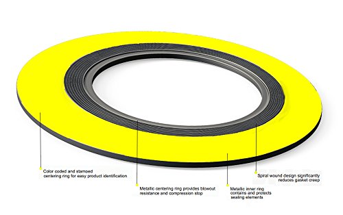 SERLING SEAL 9000IR1250304GR2500X96 304 Junta de ferida em espiral em aço inoxidável com anel interno e enchimento de grafite flexível para tubo de 1,25 , classe de pressão 2500#, amarelo com faixa cinza