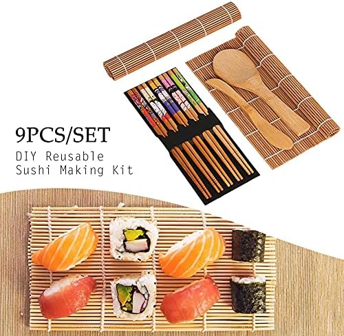 9pcs Sushi Making Kit, conjunto de fabricantes de sushi de bambu, tapete de rolamento de 2 sushi, 5 pares de pauzinhos,