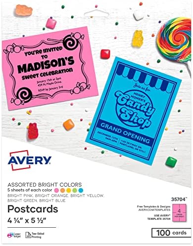 Cartões postais em branco imprimíveis, 4,25 x 5,5, cores brilhantes variadas, 100 cartões personalizáveis