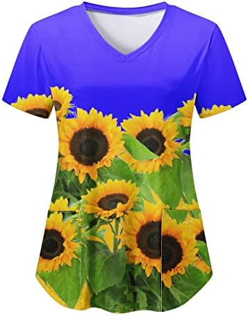 Tops vintage para mulheres Tees de decote em V de Manga Curta de Verão com 2 bolsos Bloups Funny Works Tops de férias