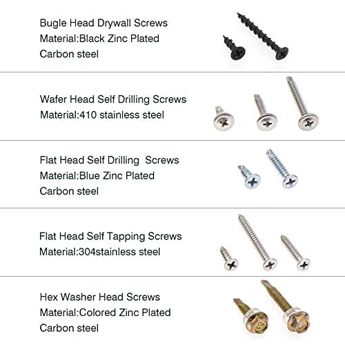 Zmbroll Self Drilling e Self Tapping parafusos Kit de sortimento Conjunto para parafusos de drywall, chapas de metal e parafusos