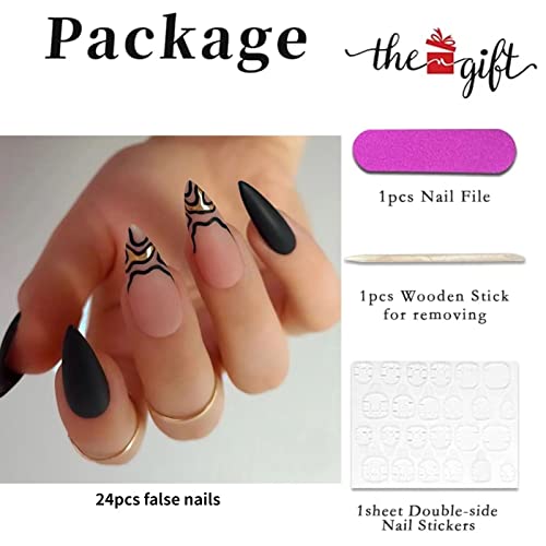 Runrayay Black French Tip Press On Nails Medium, Almond Fake Unhes com Design Swirl Cover pregos de acrílico para mulheres e meninas manicure 24pcs
