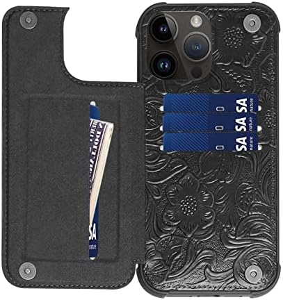 Caixa da carteira Rmawrad para iPhone 13 Pro Max Real Leather 6.7 Caixa, caixa anti-queda à prova de choque de couro genuíno, capa de flip com caça-níqueis, fivela magnética dupla, durável à prova de choque [bloqueio rfid] preto