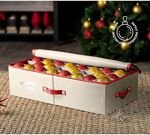 Zober Subbed Christmas Ornament Storage Box Fechamento com zíper - armazena até 64 dos enfeites de Natal padrão de 3 polegadas e contêiner de armazenamento de acessórios de férias de Natal com divisores e duas alças