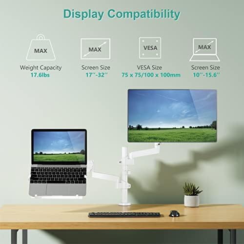 Montagem do laptop Wali Stand, suporte de braço de mola de laptop a gás, bandeja de laptop até 15,6 polegadas, monitor até 32 polegadas, 17,6 libras, branco