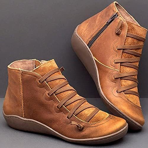 Botas e botas de tornozelo feminino Vintage Faux Pu Lace Round Round Toe Saltos baixos Botas curtas