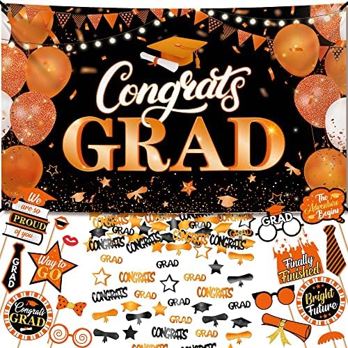 Banner de graduação em Laranja Parabéns - Grande, 72x44 polegadas com Photo Booth Props 2023 e Confetti 2023 - Pacote de