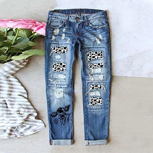 Mulheres Leopard Patch Ripped Brinched Nightded Stretch Jeans Skinny Animals Print Juniors Destruí jeans Capri